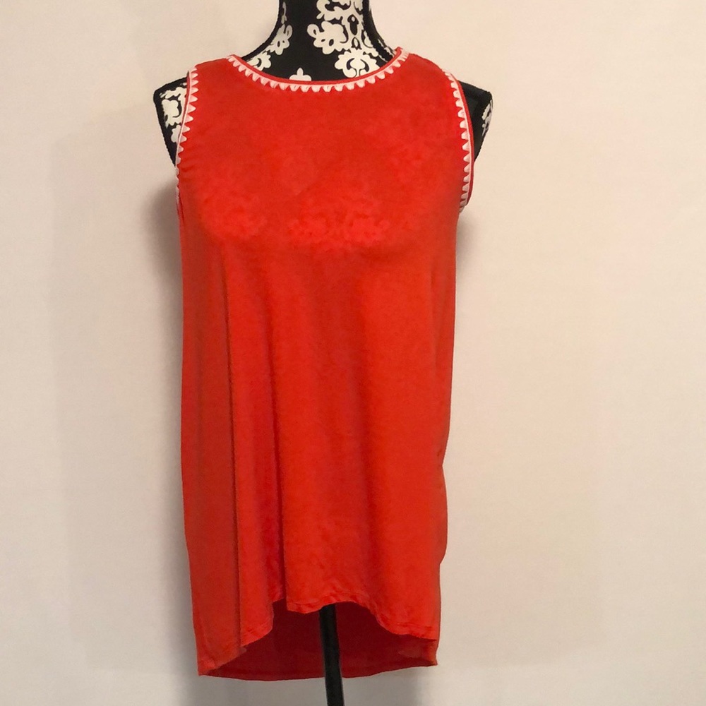 Bright red orange long tank blouse with embroidered edge and keyhole closure
